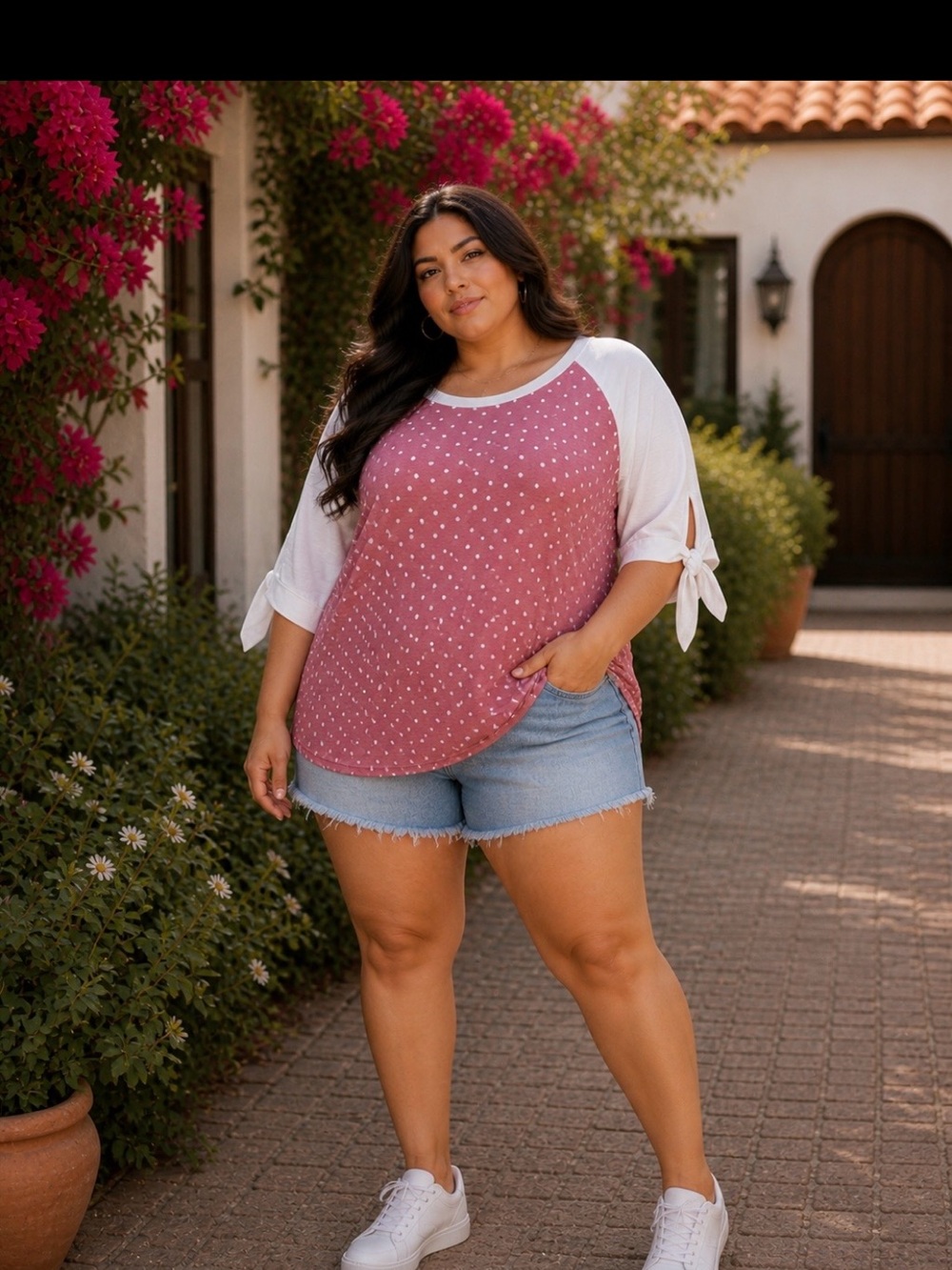 BloomChic Dusty Pink Dot Raglan Tie-Sleeve Top